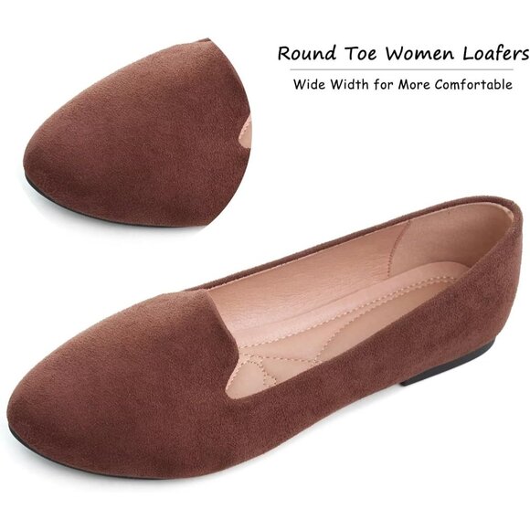 Women's Comfortable Round Toe Brown Flats Fashion Ballet Dressy Loafers Shoes - Picture 3 of 6